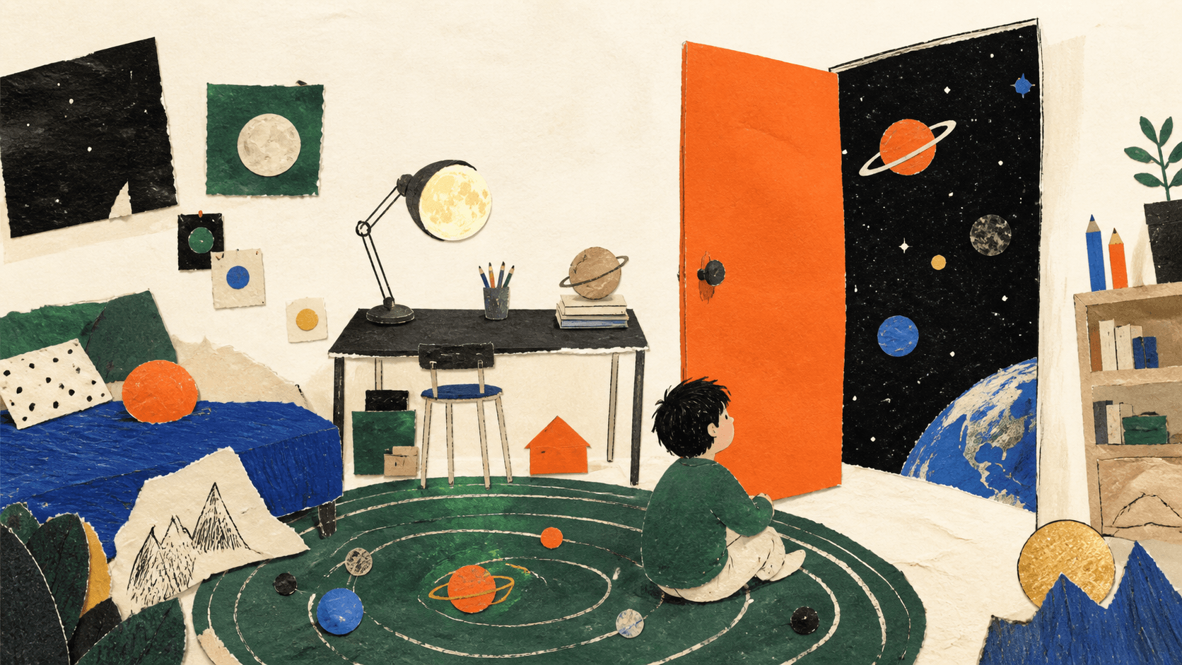 방 안의 열린 주황색 문 너머로 우주가 이어지는 종이 콜라주